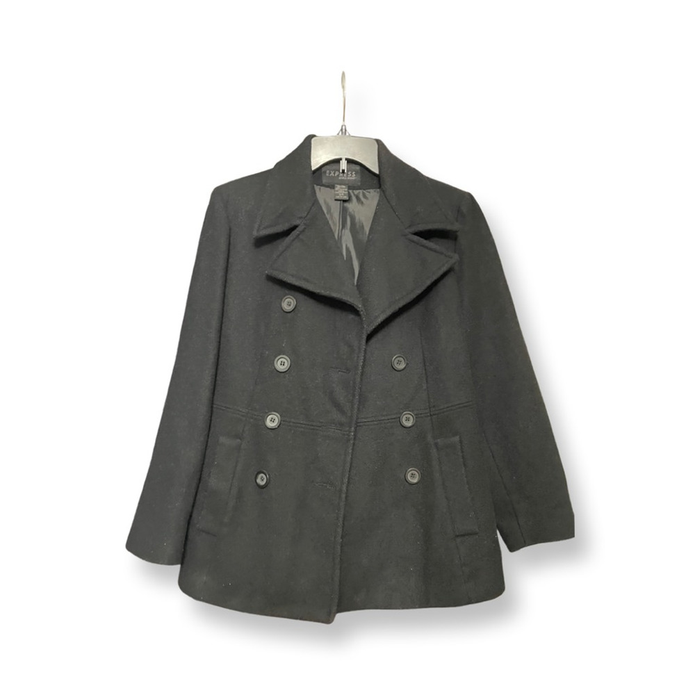 Express Womens Peacoat Black Buttons Double Breasted Collar Wool Blend 3/4